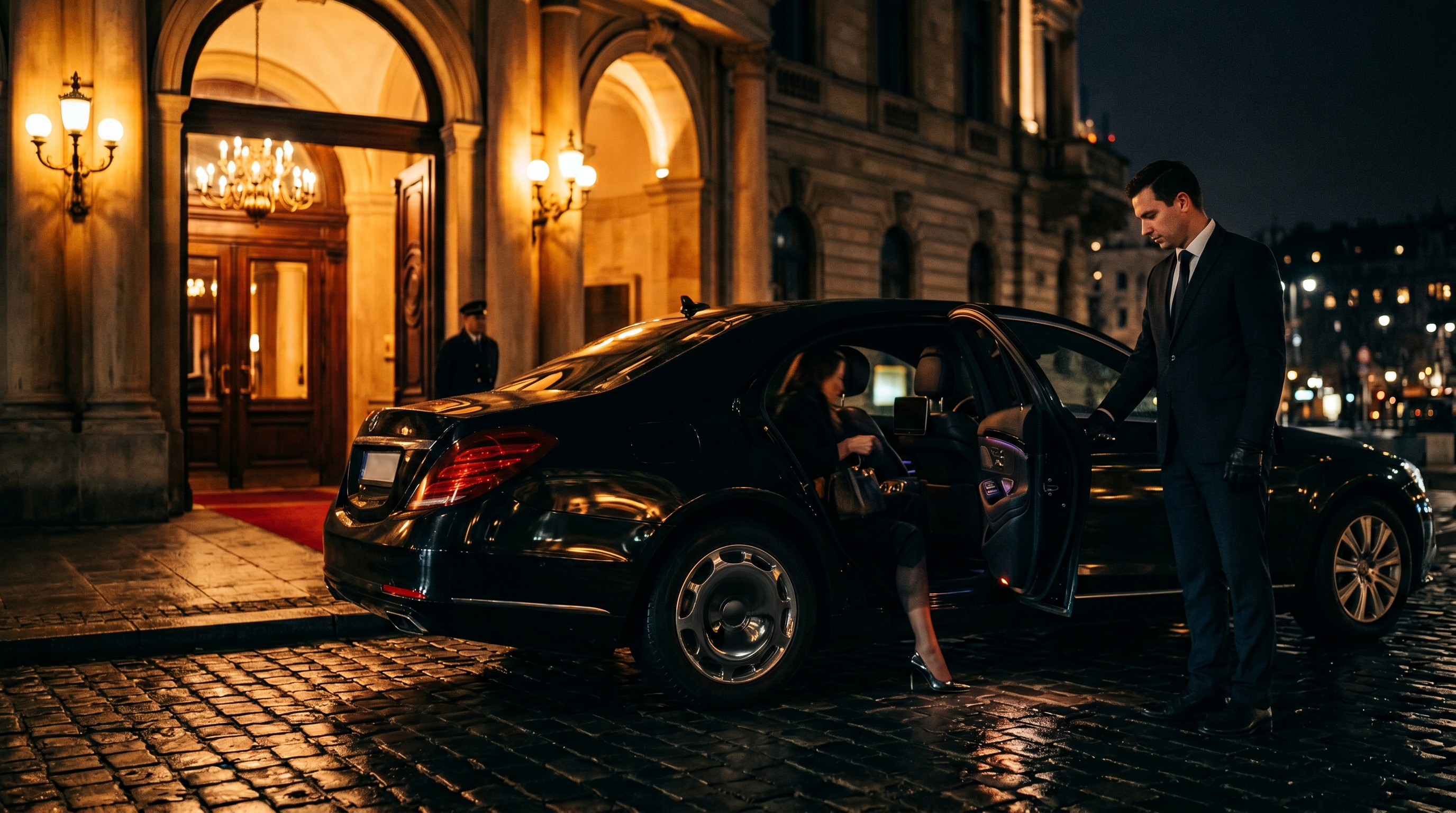 Private chauffeur opening a luxury car door at a grand entrance at night