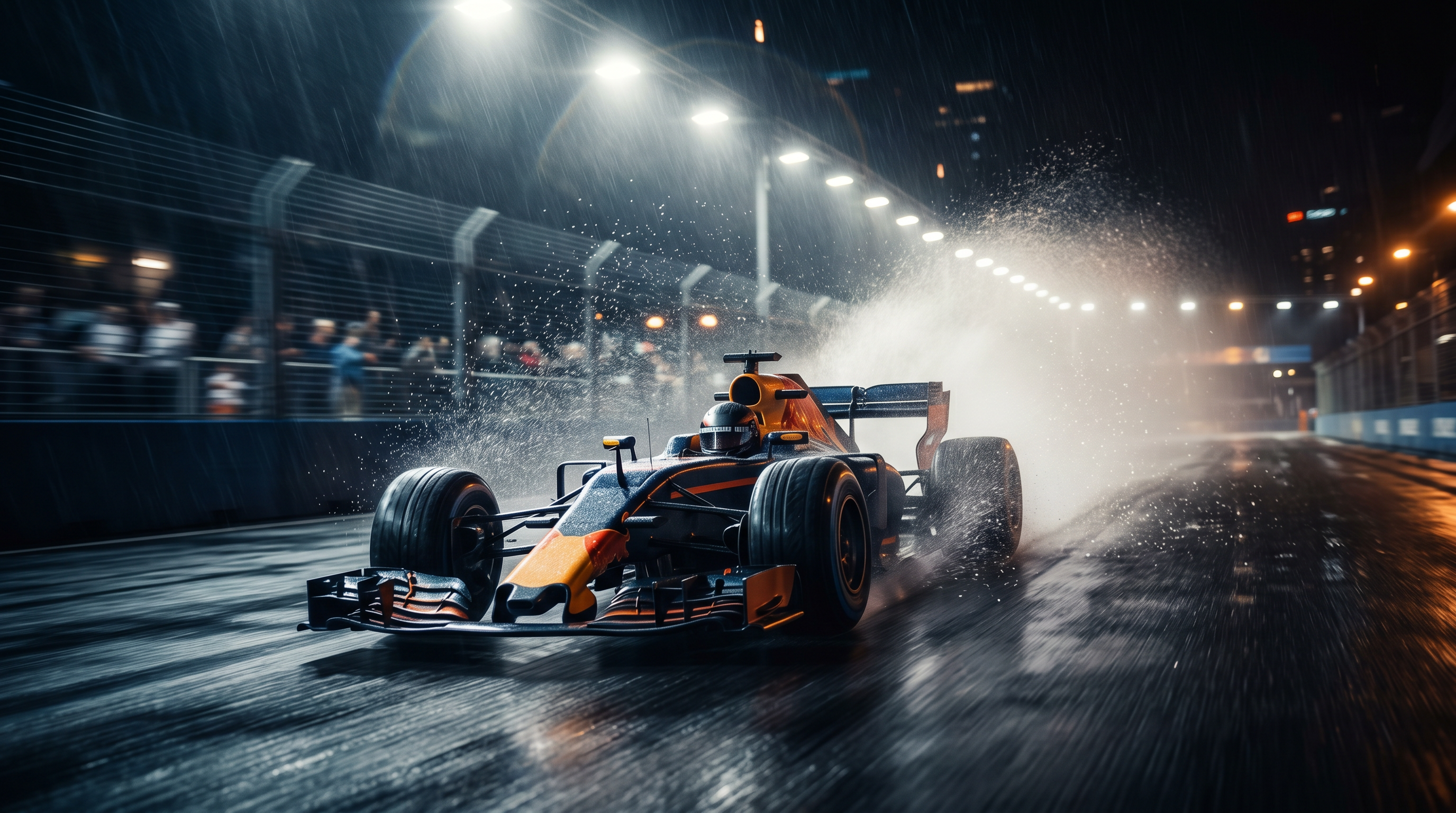 Formula 1 car at speed in heavy rain at night