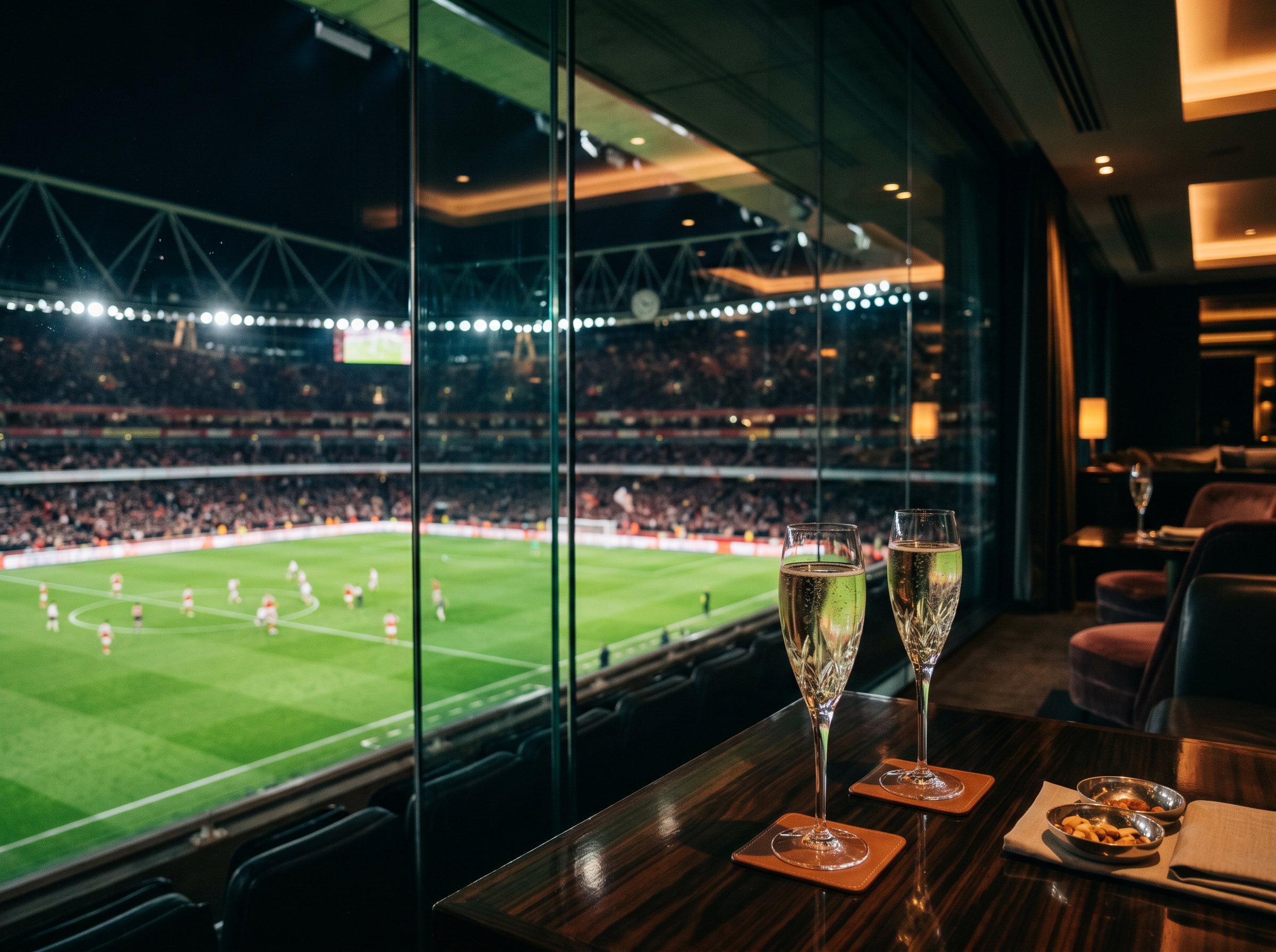 View of a football pitch from a luxury executive box with champagne