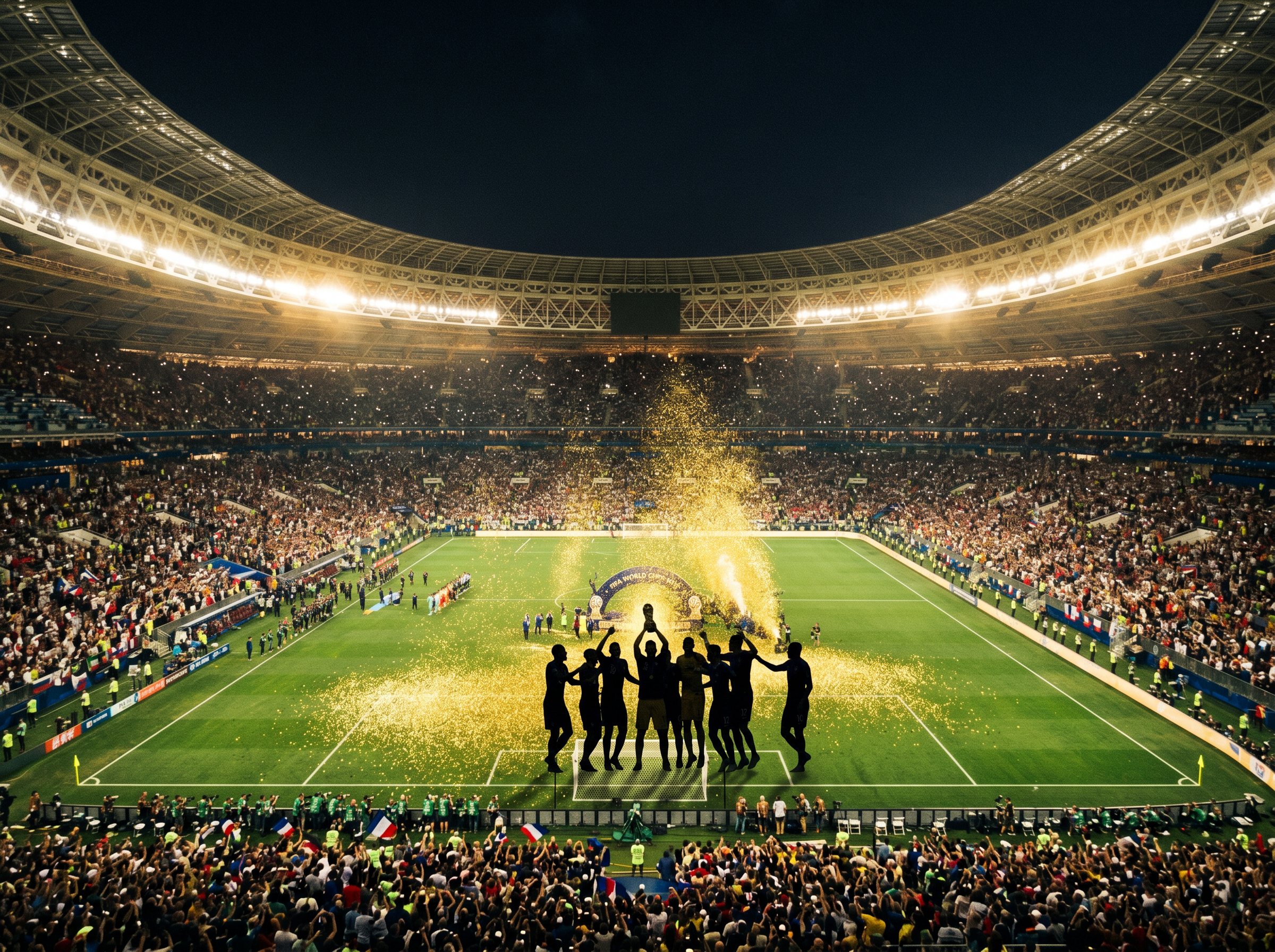 World Cup final stadium under floodlights with gold confetti